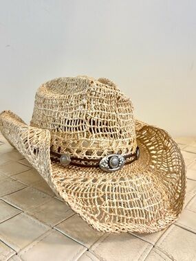 Straw Cowboy Hat or "Coastal Cowgirl" style with Brown Band and Silver Conchos